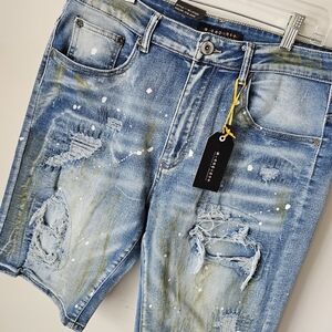 Skinny Fit Distressed Blue Denim Shorts with Stretch
